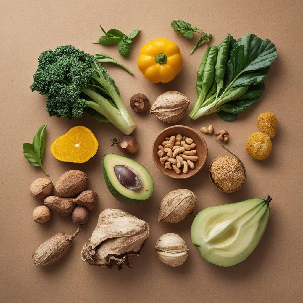 Susunan buah-buahan segar, sayuran hijau, kacang-kacangan, dan biji-bijian di atas permukaan kayu yang terang, menampilkan warna-warna alami yang kaya