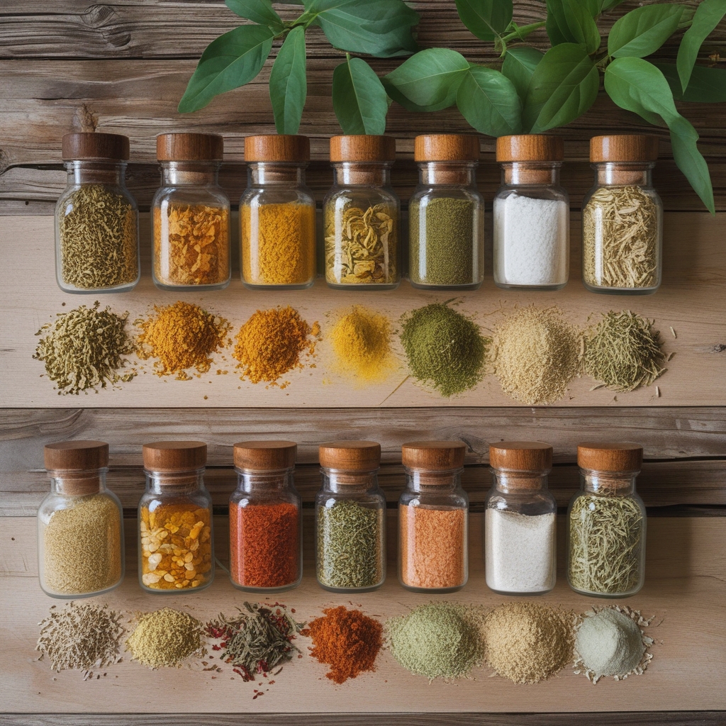 Koleksi bahan herbal alami yang ditata dengan indah di atas meja kayu terang, meliputi akar-akaran kering, bubuk kunyit berwarna kuning cerah, rempah-rempah dalam mangkuk kecil, dan biji-bijian hijau