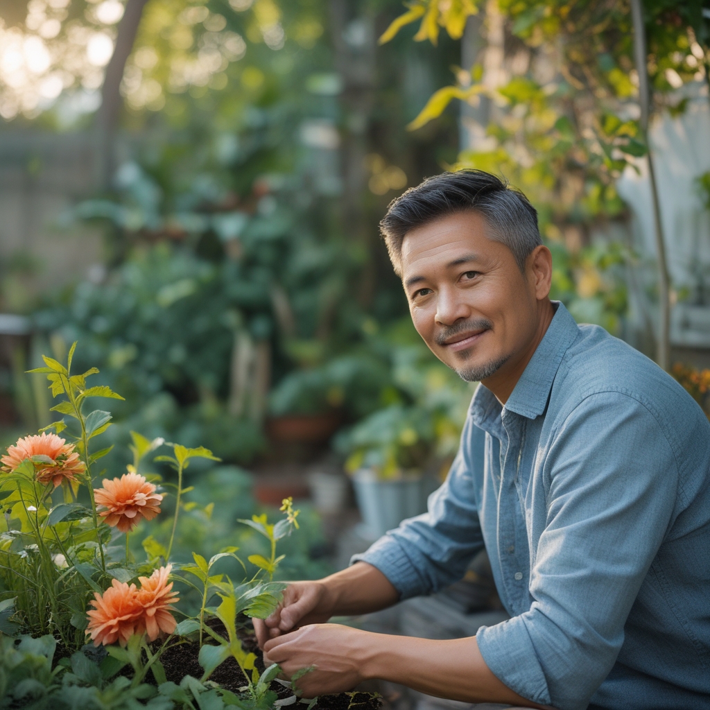 Pria paruh baya yang sehat sedang berkebun di taman belakang rumah di pagi hari, mengenakan kemeja kasual, dikelilingi tanaman hijau dan bunga berwarna-warni