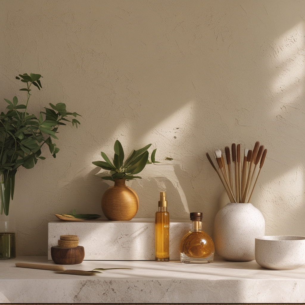 Bahan-bahan perawatan wajah pria alami yang disusun artistik di atas meja marmer putih: botol minyak argan, potongan lidah buaya segar berwarna hijau, butiran vitamin E, dan krim dalam wadah kaca bening