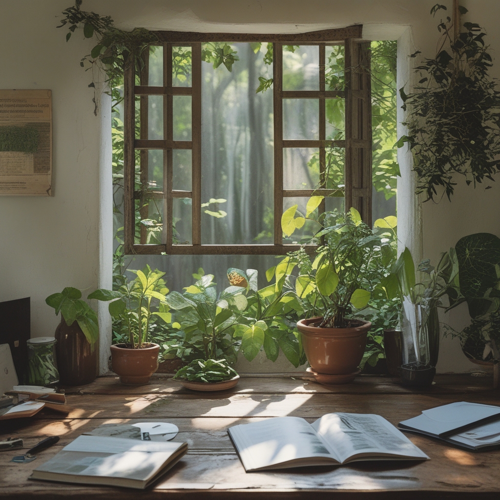 Meja kerja yang bersih dan rapi dengan buku terbuka tentang kesehatan alami, tanaman pot kecil hijau, dan cahaya alami yang masuk melalui jendela